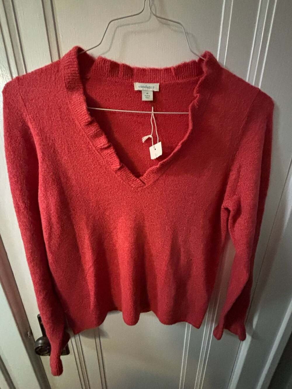 Sundance Red Ruffle V-Neck Long Sleeve Knit Sweater Size M